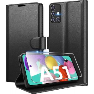 JGD-Coque pour Samsung Galaxy A51 en Premium Cuir PU, Portefeuille Housse Etui pour Cartes Protection Anti-Choc Flip Case avec 1 Verre Tremp&eacute; Noir - Neuf