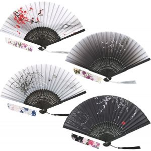 4 X Folding Fans With Silk And Bamboo Fringe Japanese Style Portable Hand Fans With Bags Fan Party Gift For Wedding Wall Decoration Dance Accessories - Neuf