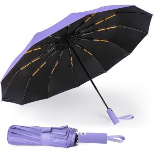 Parapluie Pliable Coupe-Vent, 12 Baleines Renforc&eacute;es, Parapluie De Voyage Pour Homme Et Femme, Compact, L&eacute;ger, Ouverture Et Fermeture Automatiques, Solide Et Portable, Parapluie Avec Rev&ecirc;tement - Neuf