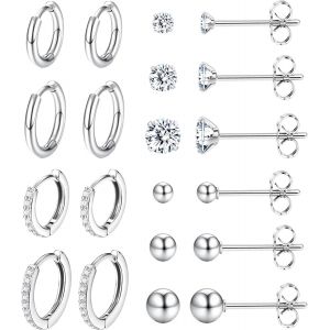 10-12 Paires Boucles D'oreilles Femmes Acier Innoxydable Ensemble Petite Creoles Clous D'oreilles Hypoallergénique Cartilage Piercing Bijoux Cadeaux Pour Fille Homme,Or/Argent.[X186] - Neuf