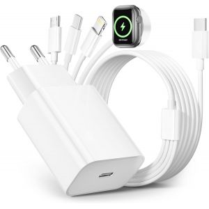 4 En 1 C&acirc;ble Pour Chargeur Apple Watch,20w Chargeur Iphone Rapide Et Chargeur Apple Watch Usb C Avec Lightning/Usb C/Iwatch/Micro Pour Apple Watch Serie 9/8/7/6/Ultra,Iphone 15 14 13 12,Samsung Galax - Neuf