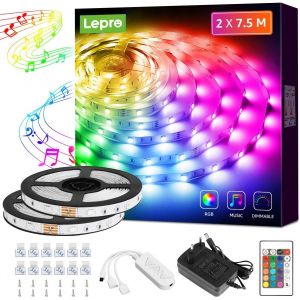 Ruban Led 15m, Led Chambre Rgb De Musique, Bande Led Multicolore Améliorée Avec Télécommande Et Adaptateur, 300 Leds Smd 5050 Lumineuses Pour Mariage Soirée Fête, 2 X 7.5m - Neuf
