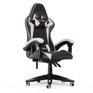 Chaise Gaming Inclinable 135°, Siège Confortable En Cuir, Fauteuil Gamer Ergonomique, Appui-Tête, Support Lombaire, Blanc - Neuf