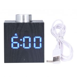 HJLIAN Reveil a bouton LED avec thermometre numerique, horloge de chevet imitation bois, fonction repetition, bleu - Neuf