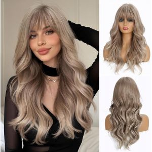 Tianyi-Perruque Blond Mixte Gris Clair Pour Femmes De 24 Pouces Avec Frange, Longue Vague Naturelle, Perruque Synthétique Résistante À La Chaleur - Neuf