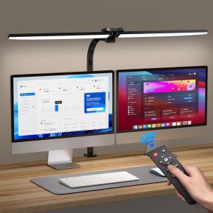 Lampe De Bureau Led À Double Tête,24w 80cm Lampe Architecte Dimmable Avec Contrôle Télécommande Et Commande Tactile,Minuterie,5 Modes De Couleur X 5 Niveaux De Luminosité,Col D'oie & Bras Flexible - Neuf