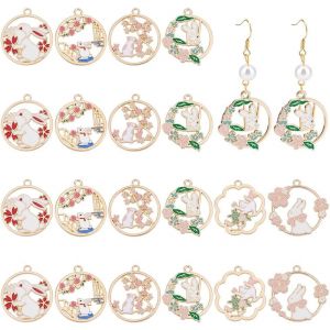 Ytseazn-24 Pièce 6 Styles Breloques Lapin Lapin Fleur Breloque Lapin Breloques Animaux En Métal Coloré Feuilles Roses Pendentif Rond Creux Pour Collier Boucle D'oreille Fabrication De Bijoux - Neuf