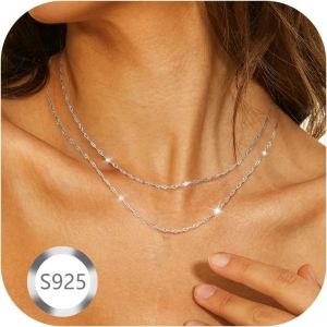 2 Pi&egrave;ces Collier Femme Argent Chaine Collier Ras De Cou Singapour Cha&icirc;ne Corde Cha&icirc;ne Brillant Empilable R&eacute;glable Chaine Collier Pour Les Femmes Filles - Neuf