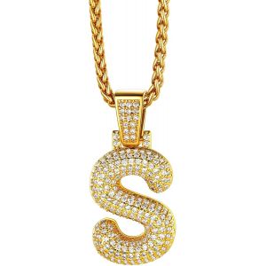 Trahoo-Collier Lettre S, Pendentif Initiale Prénom Plaqué Or Lettre S,Bling Brillant Hip Hop Bijoux Alphabet Pendentif Bubble En Strass Avec Chaîne Or Réglable 55+5 Cm Pour Homme Femme - Neuf