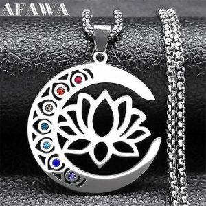 Fleur Lotus Lune Pendentif Collier Pour Femmes Hommes Acier Inoxydable Couleur Argent 7 Chakra Guérison Équilibre Chaîne Bijoux N9725s02 - Neuf