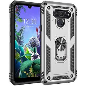 Kal-Coque Lg K50/Q60, Silicone Souple Et Pc Dur Coque Avec Support Béquille Métal Multi-Angles Etui, Protection Double Couche Multi-Fonctionnel Housse Pour Lg K50/Q60 - Argent - Neuf