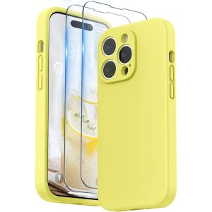 Kal-Coque Compatible Avec Iphone 14 Pro Avec Verre Trempé, Silicone Liquide Protection Individuelle Pour Chaque Objectif Épaissie Etui Pour Iphone 14 Pro 6,1 Pouces, Jaune Citron - Neuf