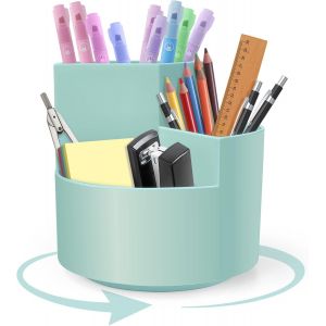 Organisateur de Bureau,Pot a Crayon Rotatif,Organisateur Maquillage à 3 Compartiments pour le Bureau,L'éCole,la Maison (Bleu) - Neuf