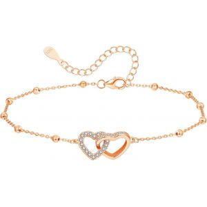 Cmjaagur-Bracelet De Cheville Pour Femme En Argent Sterling 925 - 22 + 5 Cm - Réglable - Pour L'été - Pieds Nus - Pour La Plage - Design Filigrane Avec Double C?ur[M420] - Neuf
