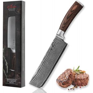 Mevronisshop-Edib Couteau Nakiri En Damas I Lame Tranchante De 17,5 Cm En Acier Damass&eacute; &Agrave; 67 Couches Avec Noyau Vg10 Et Manche En Bois De Pakka I Couteau De Cuisine Professionnel & Couteau Damass&eacute; - Neuf