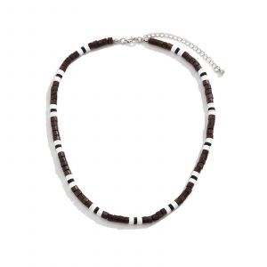 Collier Pour Homme En Perles, Long Collier En Alliage De Perles En C&eacute;ramique Souple Marron Et En Bois, Fermoir Mousqueton, 47 Cm, Sans Pierre Pr&eacute;cieuse - Neuf