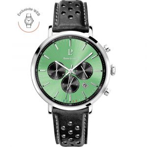 Montre Homme Baron Argent&eacute; Cadran Vert Bracelet Cuir Perfor&eacute; Noir 20 Mm - Neuf