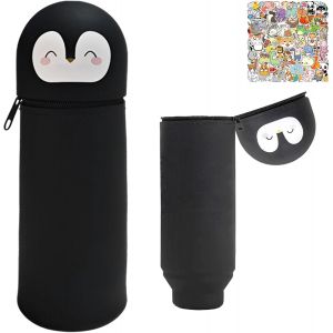 MAA-Trousse Ecole 2 en 1 en Silicone Souple Scolaire Fille Garcons, Unisexe Trousse Papeterie Enfant avec Fermeture Eclair Pochette Trousse ¿¿ Crayons Autocollants Anniversaire Cadeaux (Noir Pingouin - Neuf