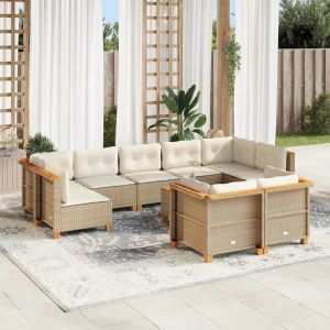 Salon De Jardin Avec Coussins 10 Pcs Beige Résine Tressée - Neuf