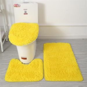 KAL-Lot De Tapis De Bain Antidérapant, 3 Pièces, Tapis Contour Toilette À Poils Longs, Shaggy Couvercle Pour Abattant Wc Jaune - Neuf