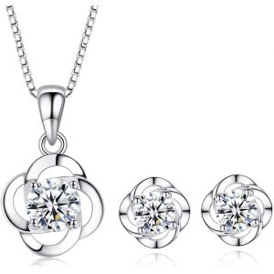 Meimie-Parure Femme Argent Fin 925 Avec Zirocon Cubique Blanc,Ensemble De Boucles D'oreilles & Collier & Bracelet En Forme De Trèfle,Chaîne Pendentif Hypoallergénique,Mariage Anniversaire Cadeau - Neuf