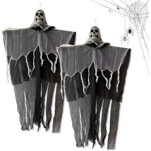 CAUC-2 Pi&egrave;ces Halloween Decoration Effrayante, 85 * 60cm Suspendu Fant&ocirc;me de Faucheuse Suspendu Cr&acirc;ne D&eacute;corations de Maison Hant&eacute;e &agrave; Suspendre pour Exterieur ou Int&eacute;rieur - Neuf