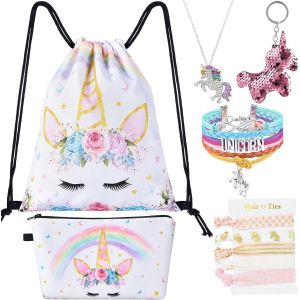 KALSC-Drawstring Backpack-9Pcs Gym Drawstring Bags Set Including Cosmetic Bag Pink Key-Chain Necklace Bracelet Hair Ties - Neuf