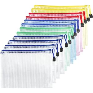 12 X A4 Zip Document Pouches,Pvc Transparent Document Folder,Waterproof Plastic Zip Bag,Mesh Zipper Pouch For Travel,Supplies,Office,5 Colours - Neuf