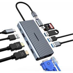Station d'accueil USB C 12 en 1 à Triple écran, hub USB C Via VGA/2 x HDMI, Adaptateur USB C (USB A 3.0,1 g Ethernet, PD 100 W, Micro 3,5 mm, Lecteur SD/TF) - Neuf