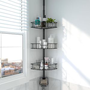 &Eacute;tag&egrave;re de douche, r&eacute;glable en hauteur sans per&ccedil;age, en acier inoxydable, avec 4 paniers, pour baignoire et salle de bain, inoxydable, 137-317 cm, noir, argent&eacute; - Neuf