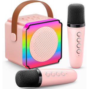 ERYI-Micro Karaoke Enfant Avec 2 Micro Sans Fil, Cadeau Anniversaire Fille Et Garçon 3-12 Ans, Micro Karaokeavec Led, Effets Vocaux Et Carte Cadeau, Jouet Enfant Pour Chanter-Rose - Neuf