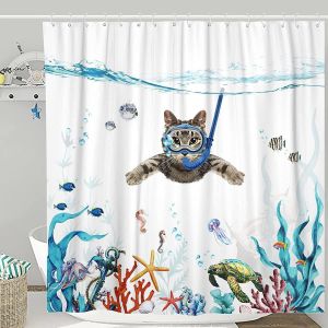 Rideau de douche 180 x 230 cm, motif chat plongeur, imperméable, lavable, en polyester, à séchage rapide, avec 12 crochets - Neuf