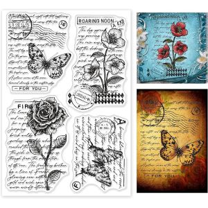Tianyi-Vintage Sketch Papillon Rose Coquelicots Clear Stamps Lettres Manuscrites Silicone Clear Stamp Seals Fleurs Clear Stamps For Cards Making Diy Scrapbooking Photo Journal Album Décoration - Neuf