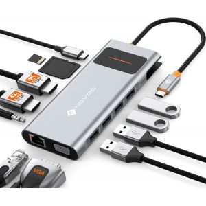Hub USB C, 12 en 1 Docking Station vers Double HDMI, VGA, 100W PD, Gigabit Ethernet, USB X 4, SD/TF, 3,5mm Mic Station d'accueil pour MacBook Pro Air Lenovo - Neuf