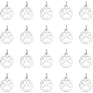 Kal-Pcs 14 Mm Plat Rond Avec Chien Patte Imprime Pendentifs 304 Breloques Acier Inoxydable Tons Argent 4 Mm Grand Trou Chien Patte Breloque Pour Collier Fabrication De Bijoux - Neuf