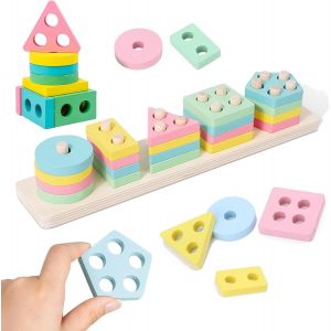 KAL-Tri En Bois Et Jouets Empilables, Tour Empilable Et Puzzle, Jouet D'Activit&eacute;s Et De D&eacute;veloppement, Jouet Pour B&eacute;b&eacute; - Cadeau 1 2 3 Ans, Caise - Neuf