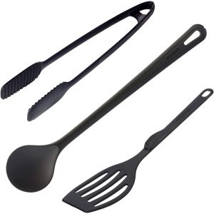 Kal-Set D'ustensiles De Cuisine, 3 Pièces, Spatule, Cuillère À Remuer Et Pince À Grillade/Service, Pour Tourner, Remuer Et Servir, Plastique, Noir, 286922e6 - Neuf