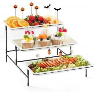 Checarzhn--No1-Plateau De Service Avec 3 Plats, Plateau Repas, Grand Plateau Plastique Rectangulaire 30×17cm, Presentoir Aperitif Buffet, Présentoir À Gâteaux, Panier Fruits, Support En Métal Noir - Neuf