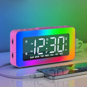 Eryi-Réveil Électronique Avec 2 Réveils, Miroir Horloge Numérique Led Avec 8 Modes Lumière, Snooze, Aide Au Sommeil, Minuterie, Avec Gradateur Continu, Port De Charge Usb Pour Fille,Garçon - Neuf