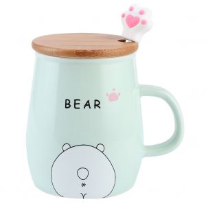 Hjlian Tasse En Ceramique Mignonne De 420 Ml, Tasse A Eau, The, Cafe, Lait, Avec Couvercle En Bois Et Cuillere, Cadeaux, Vert - Neuf