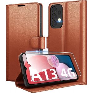SJZG-Coque Pour Samsung Galaxy A13 4G En Premium Cuir Pu, Portefeuille Housse Etui Pour Cartes Protection Anti-Choc Flip Case Avec 1 Verre Tremp&eacute; Brun - Neuf