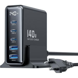 Chargeur Usb C 140w 5 Ports Gan Prise Usbc Rapide - Écran Led, Pd 3.0 & Qc 3.0 - Prise Multiple Universelle Pour Macbook Pro/Iphone 16 / Tablette/Voyage, Blanc - Neuf