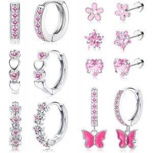 Kalhx-7paires Boucle D'oreilles Enfants Fille Hypoallerg&eacute;nique Boucles D'oreille Femmes Acier Inoxydable Boucles D'oreilles Huggie Coeur Cz &Eacute;toile Fleur Tragus Cartilage Piercing Rose Multicolore - Neuf