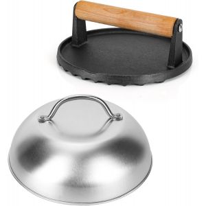 Ulteronixshop-Presse &Agrave; Hamburger En Fonte Bris&eacute;e De 17,8 Cm Et D&ocirc;me De Fusion En Acier Inoxydable De 22,9 Cm, Presse &Agrave; Hamburger En Bois Robuste Avec Poign&eacute;e En Bois, Presse &Agrave; Viande Ronde En Fonte P - Neuf