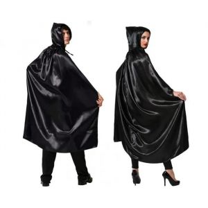 Cape Capuche Longue Satin Noire - Neuf