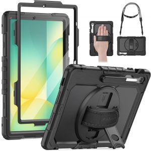 Coque Pour Samsung Galaxy Tab S10 Fe+ Plus 13,1"" 2025, Coque Antichoc Avec Protecteur D'&eacute;cran, Support Rotatif &Agrave; 360&deg;/Dragonne, Bandouli&egrave;re, Porte-Stylo, Noir - Neuf