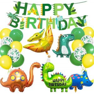 CAUC-D&eacute;co Anniversaire Dinosaure XXL - Kit Complet 22 Pi&egrave;ces avec Ballon G&eacute;ant Dinosaure, Guirlande ""Joyeux Anniversaire"", Ballons Vert & Jaune - D&eacute;coration F&ecirc;te Jungle pour Enfants, Gar&ccedil;ons 3-10 Ans - Neuf