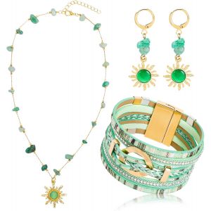 Boh&egrave;me Bijoux Pour Femme, Boho Bracelet En Cuir Multicouche, Vert Vintage Pendentif Collier Ras Du Cou En Cristal Soleil, Boucles D'oreilles Pendantes Soleil, Ensemble De Bijoux Occidentaux - Neuf