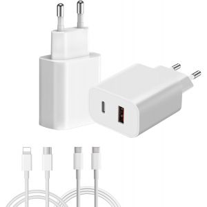 LORANKA-Kit Complet Chargeur Rapide 20W : 2 Blocs Prise Mural USB-C/A avec 2 C&acirc;bles 2m - Chargeur USB C Rapide PD, Compatible iPhone 16/15/14, Galaxy, iPad, Blanc - Neuf