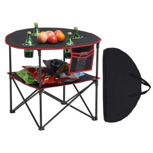 Ulteronixshop-Table Pliante Ronde De 72 Cm, Table De Camping Pique-Nique Portable L&eacute;g&egrave;re Et Compacte, En Tissu Oxford 600d, Imperm&eacute;able, Avec 4 Porte-Gobelets Et 1 Sac De Transport, Pour Voyage, Noir - Neuf